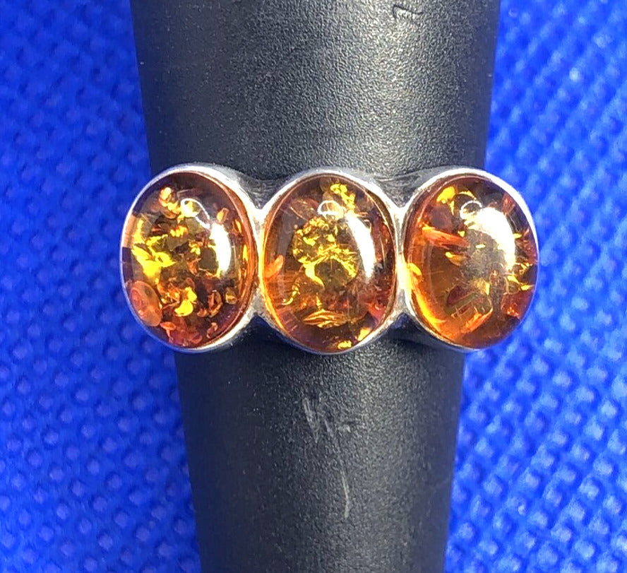 Estate Oval Amber Cabochons 925 Sterling Silver Ring Size 5.5