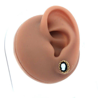Vintage 14K Yellow Gold Oval Black Onyx Cabochon White Cameo Stud Earrings