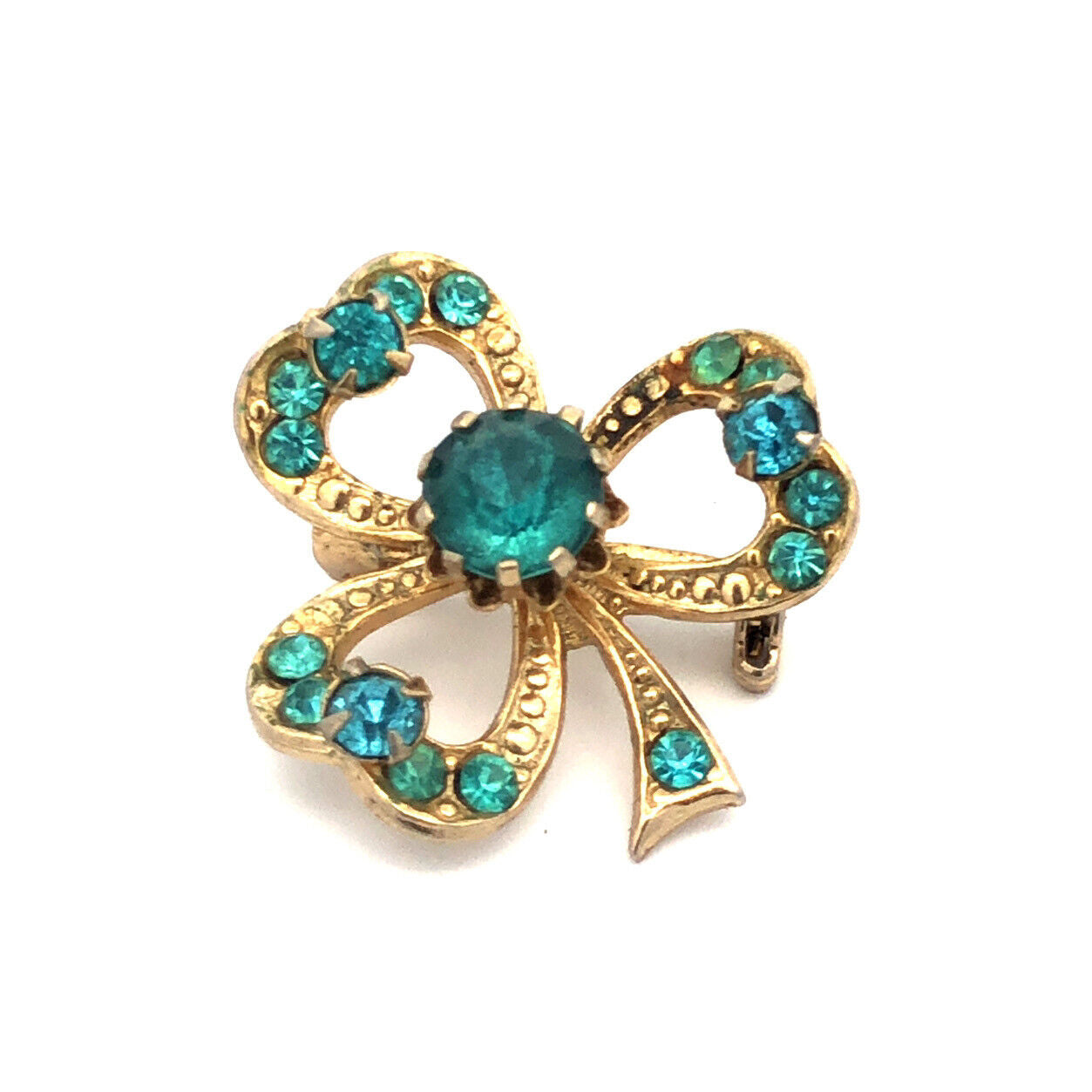 Mid Century CORO Gold Tone Aqua Rhinestone Good Luck 3 Leaf Clover Lapel Brooch