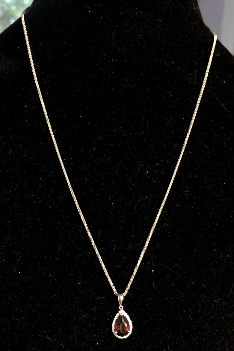Designer 14K White Gold Pear Garnet Diamond Halo Drop Pendant Necklace