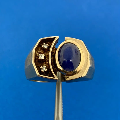 10K Yellow Gold Oval Blue Star Sapphire Diamond Accented Unisex Evil Eye Ring