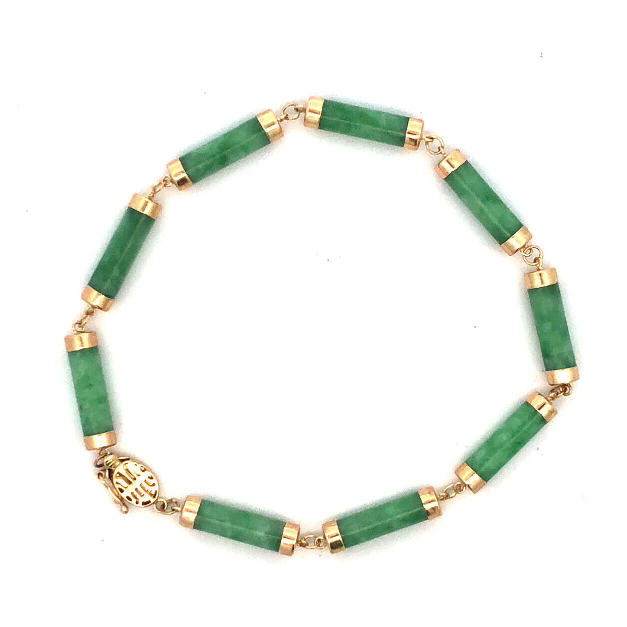 Estate 14K Yellow Gold Green Jade Bar Link Station Bracelet