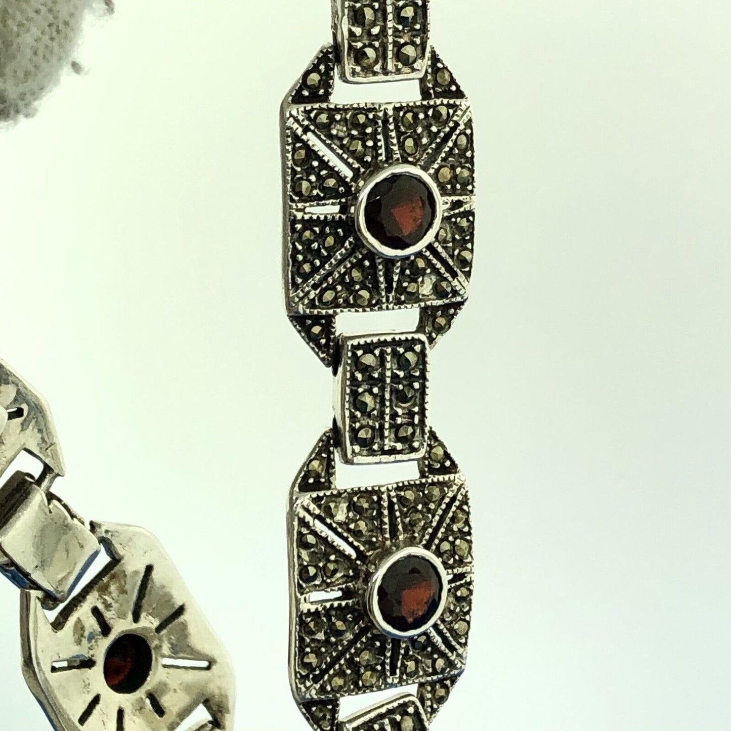 Stunning Sterling Silver 925 Garnet Marcasite Panel Link 6.75" Tennis Bracelet