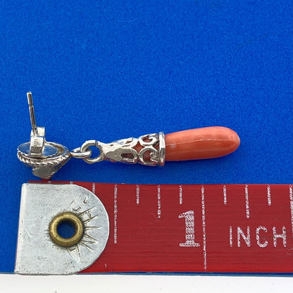 Stunning Sterling Silver 925 Cabochon Elongated Coral Dangle Earrings