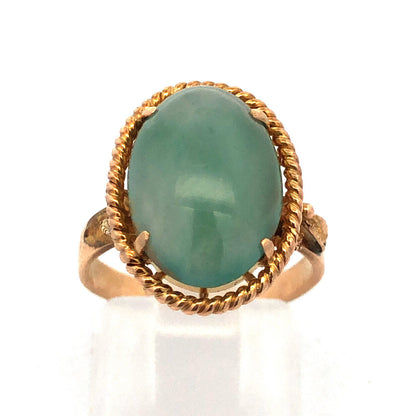Vintage 18K Yellow Gold Natural Oval Green Jadeite Jade Ring Size 5.25