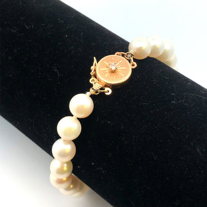 Vintage 14K Yellow Gold Diamond Accented Clasp 7.6 mm Pearl Bracelet
