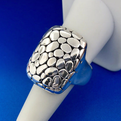 Retro Sterling Silver 925 Snakeskin Cobblestone Statement Rectangle Dome Ring