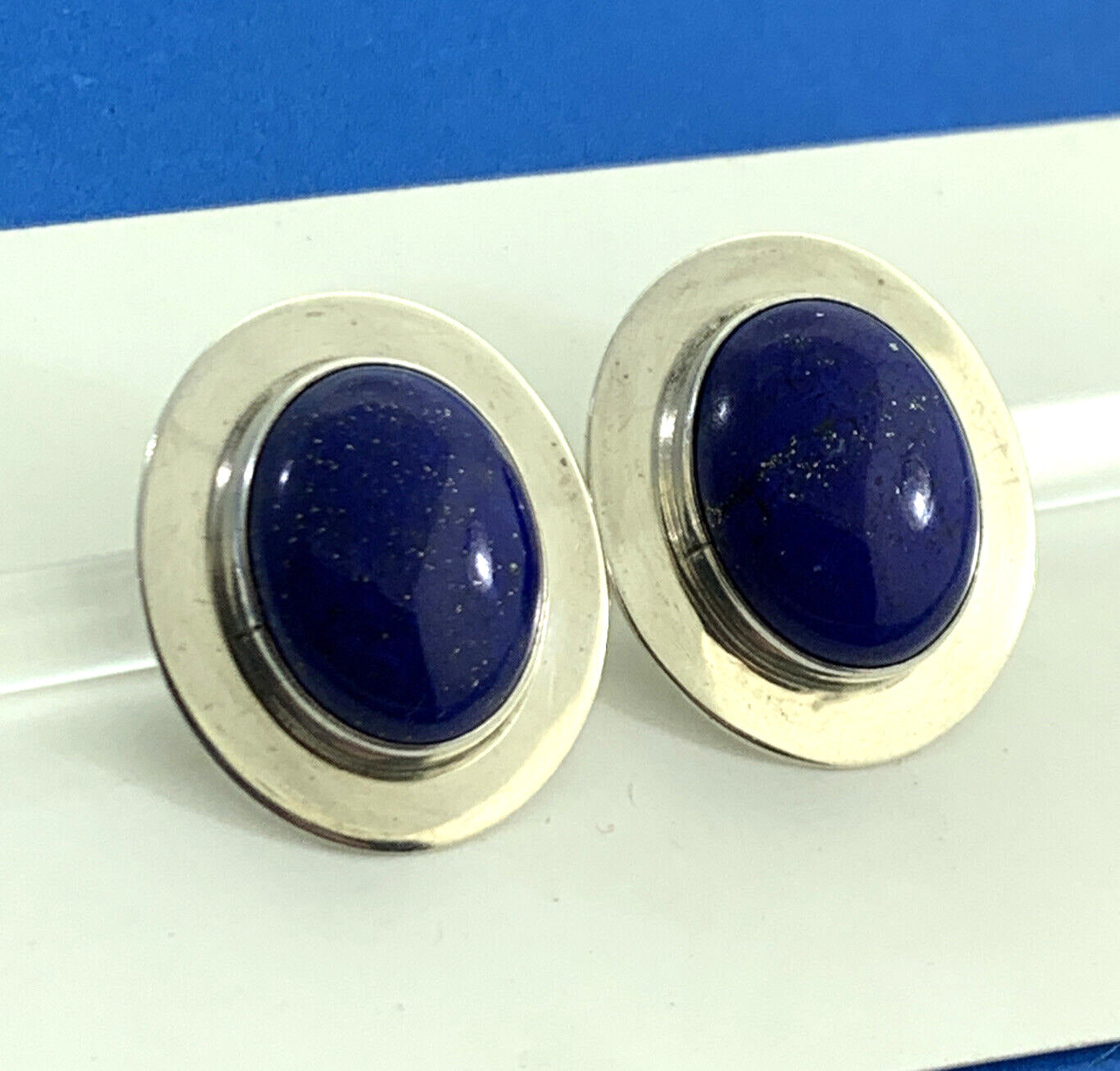 Native American 925 Sterling Silver Signed VO Oval Lapis Lazuli Stud Earrings