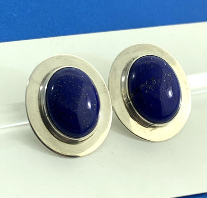 Native American 925 Sterling Silver Signed VO Oval Lapis Lazuli Stud Earrings