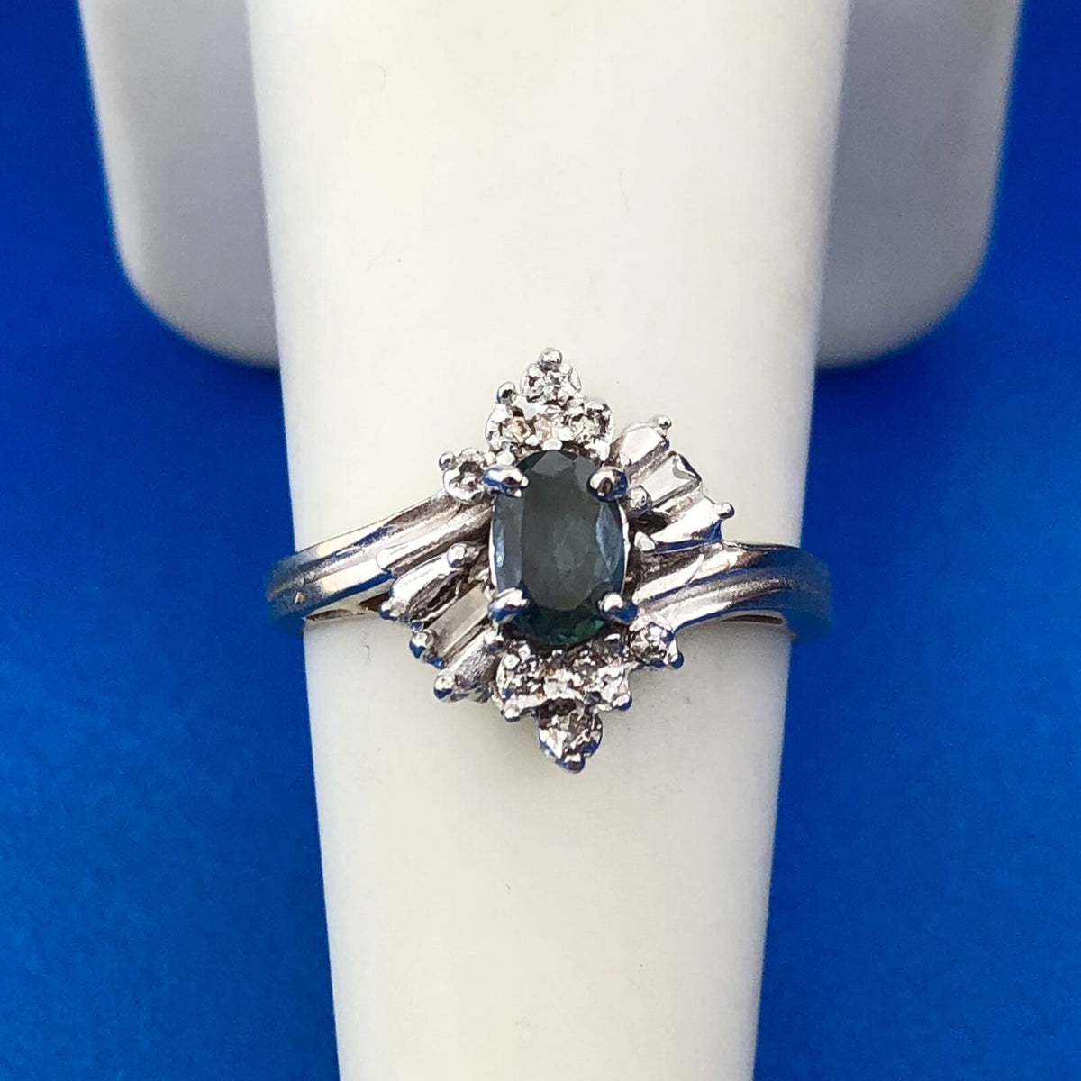 Gorgeous 14k Yellow and White Gold Oval Blue Topaz Diamond Accent Ring Size 6.25