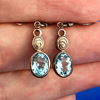 Vintage 925 Sterling Silver Oval Blue Topaz November Anniversary Dangle Earrings