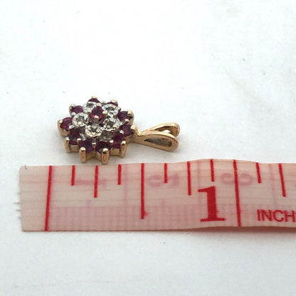 Vintage 14K Yellow Gold Round Ruby Diamond Cluster Flower Pendant