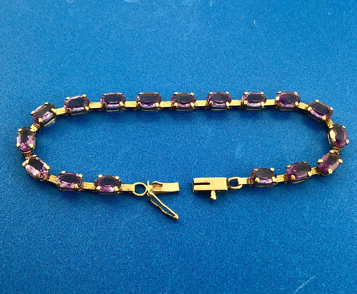 Vintage 10K Oval Amethyst Panel Bar Link February Anniversary Tennis Bracelet