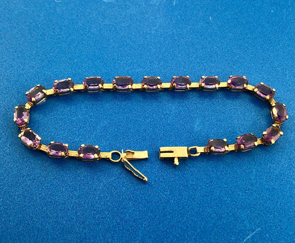 Vintage 10K Oval Amethyst Panel Bar Link February Anniversary Tennis Bracelet