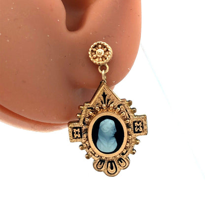 Victorian 14K And Gold Filled Black & White Cameo Enamel Dangle Stud Earrings