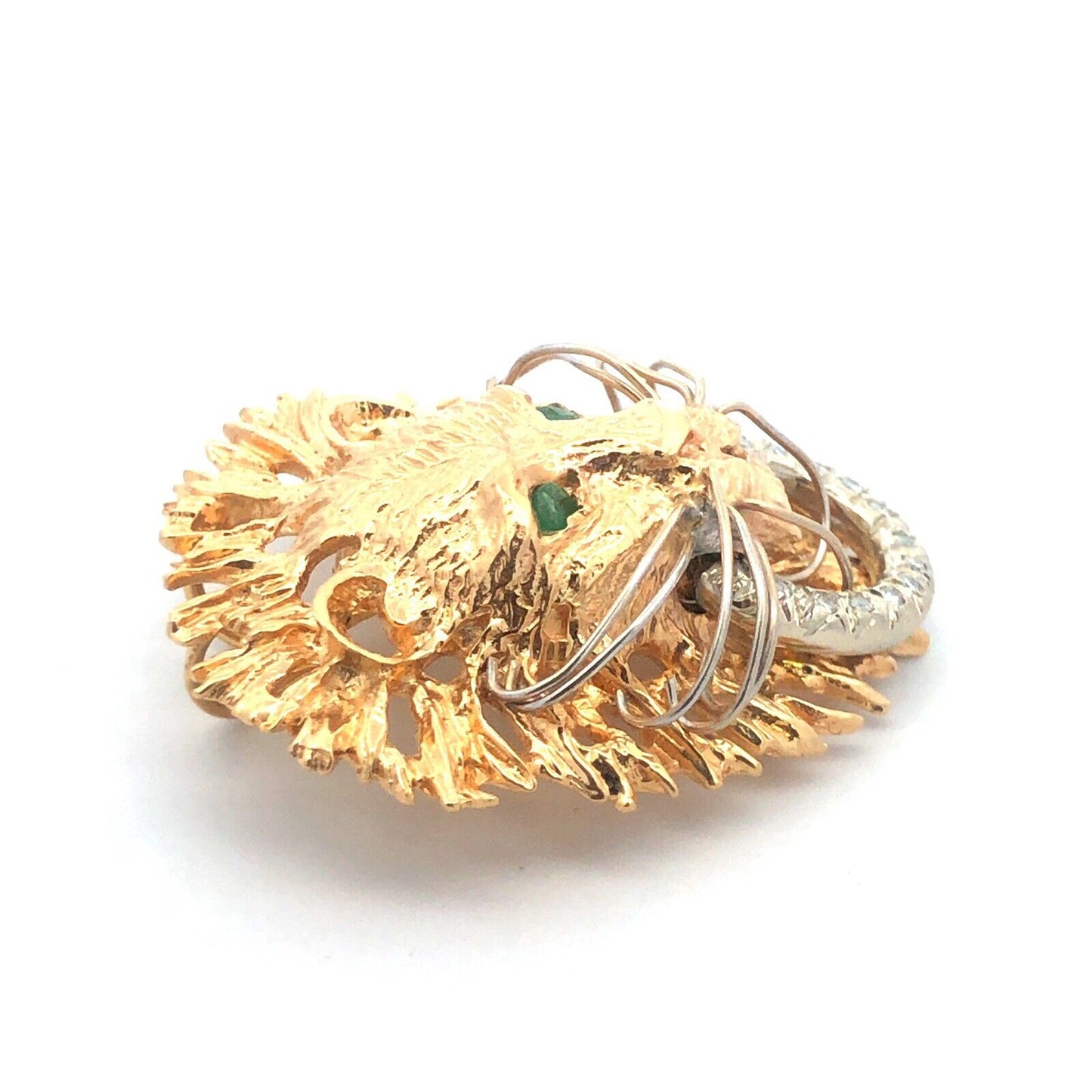 Gorgeous 14k Yellow Gold Emerald Diamond Lion Head Jungle Door Knocker Pendant