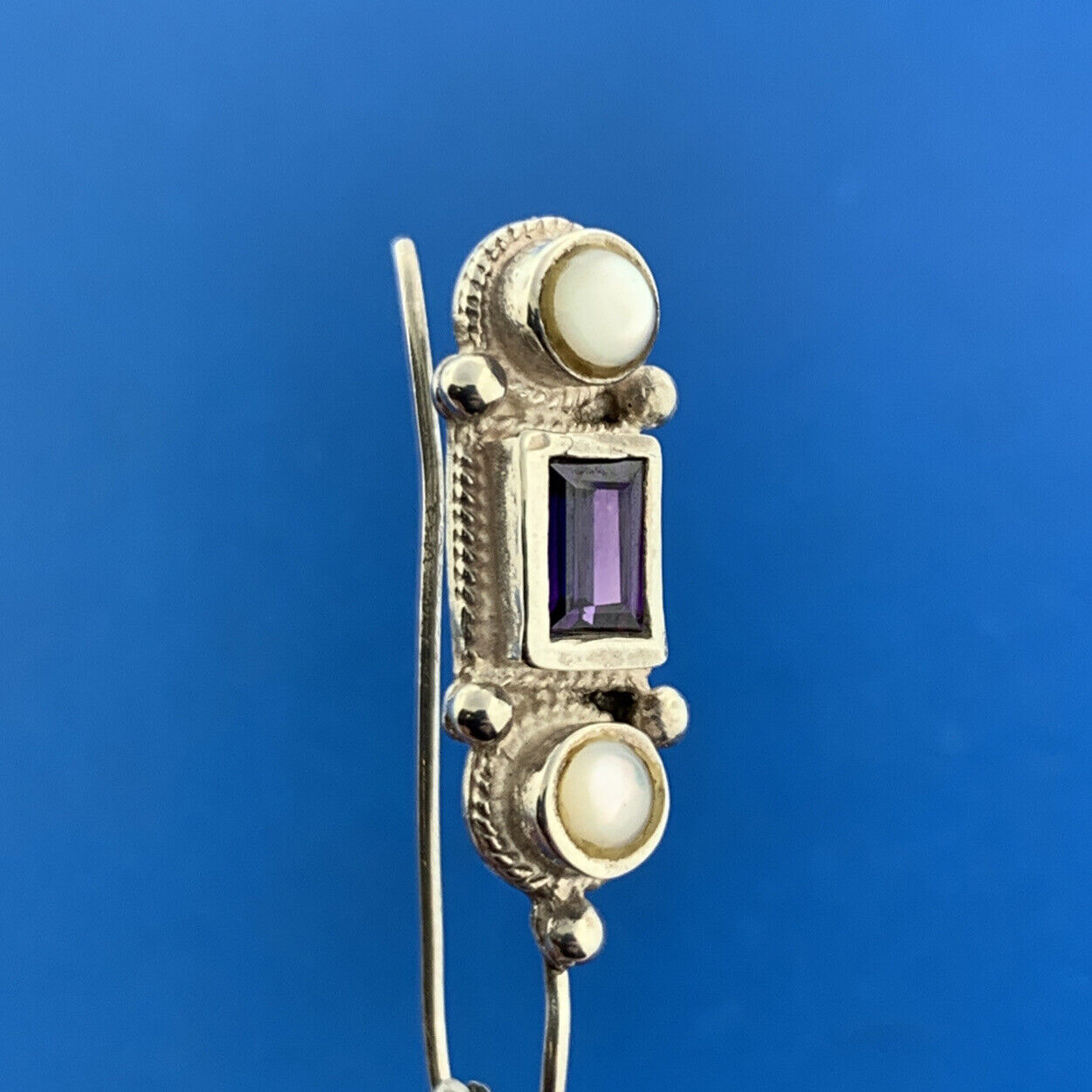 Designer Sterling Silver Amethyst Mother Of Pearl February Slide Hook Earrings