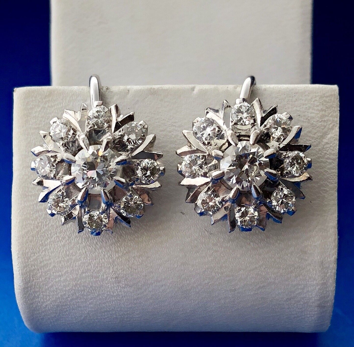 Art Deco Art Nouveau 14K White Gold Diamond Floral Starburst Screw Back Earrings