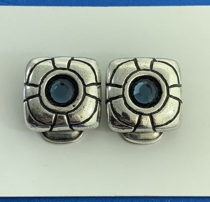 Vintage Modern Square 925 Sterling Silver Blue Glass Clip-On Earrings