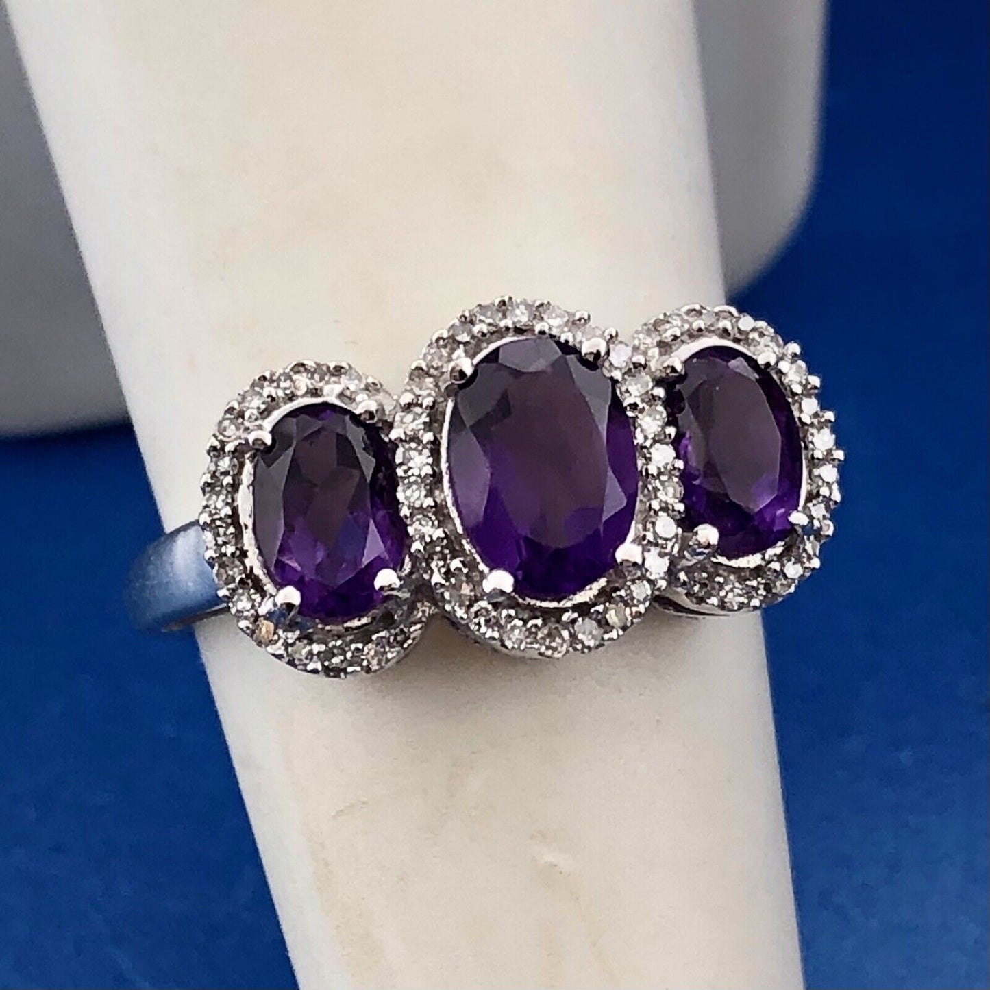 Stunning 10K White Gold Amethyst Trio Diamond Halo February Anniversary Ring