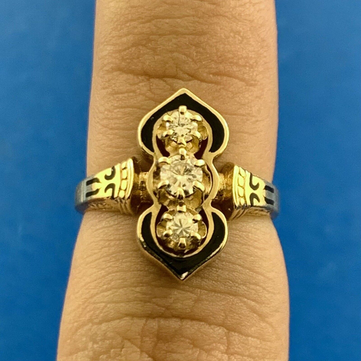 Designer Vintage Art Deco 14K Yellow Gold Diamond Black Enamel Cocktail Ring