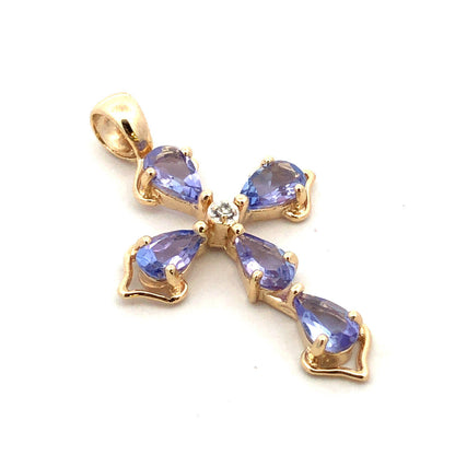 Designer Mexico 14K Yellow Gold Pear Tanzanite Diamond Accent Cross Pendant