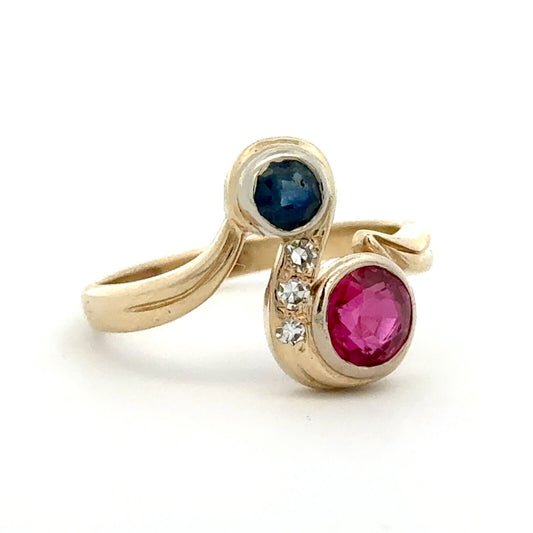 Vintage Custom 14K Yellow Gold Round Blue Sapphire Ruby Diamond Bypass Ring