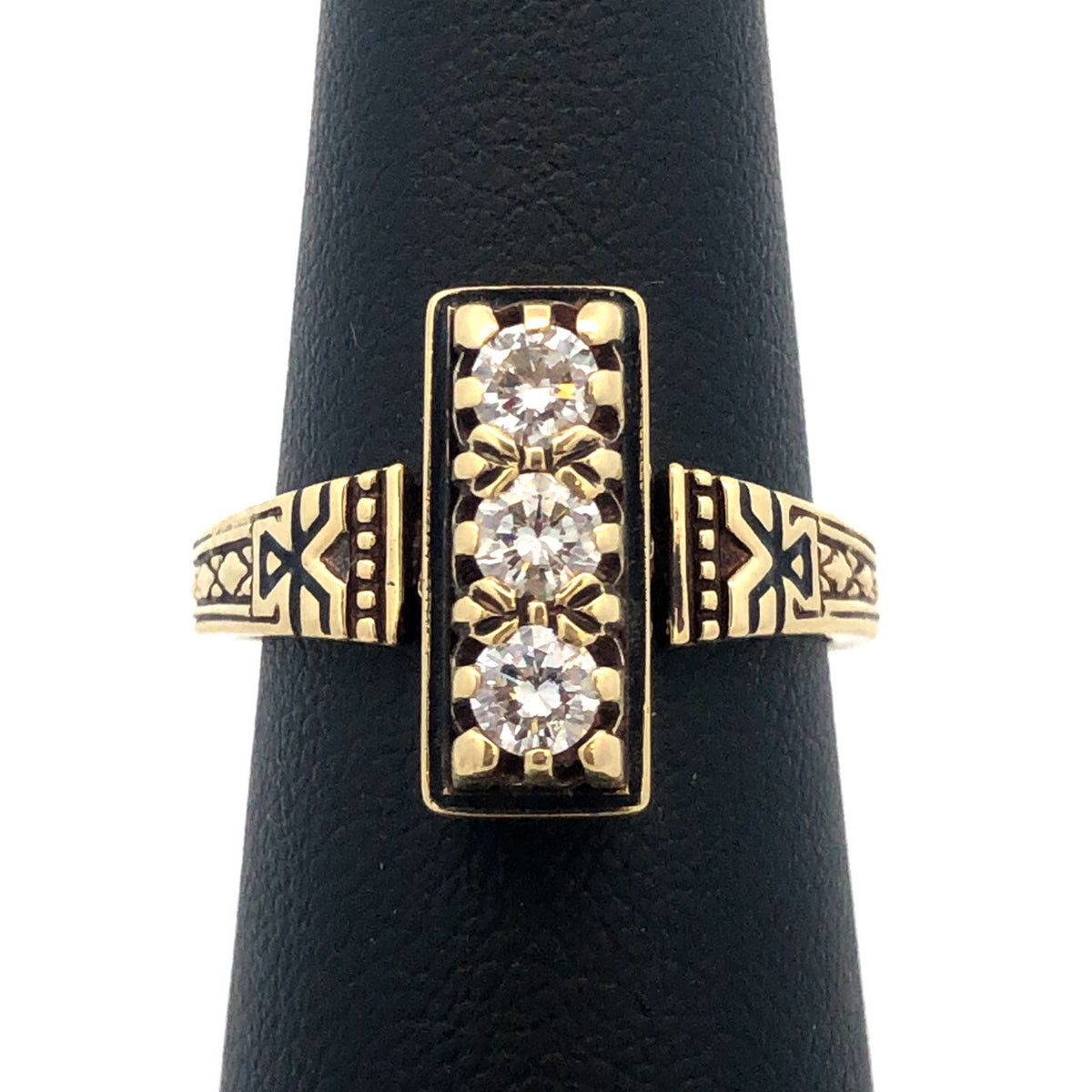 Custom Art Deco 14K Yellow Gold Diamond Trio Engagement Anniversary Ring