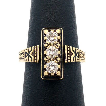 Custom Art Deco 14K Yellow Gold Diamond Trio Engagement Anniversary Ring
