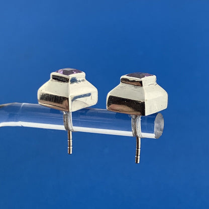 Designer 925 Sterling Silver Amethyst Square Cube Modernist Stud Earrings