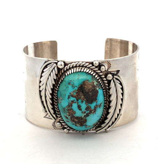 Native American Marian Nez 925 Sterling Silver Oval Turquoise Wide Cuff Bracelet