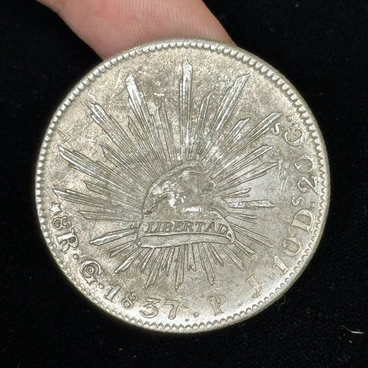 1837 Go Guanajuato Mexico 8 Reales P.J. Cap & Rays Libertad .903 Silver Coin
