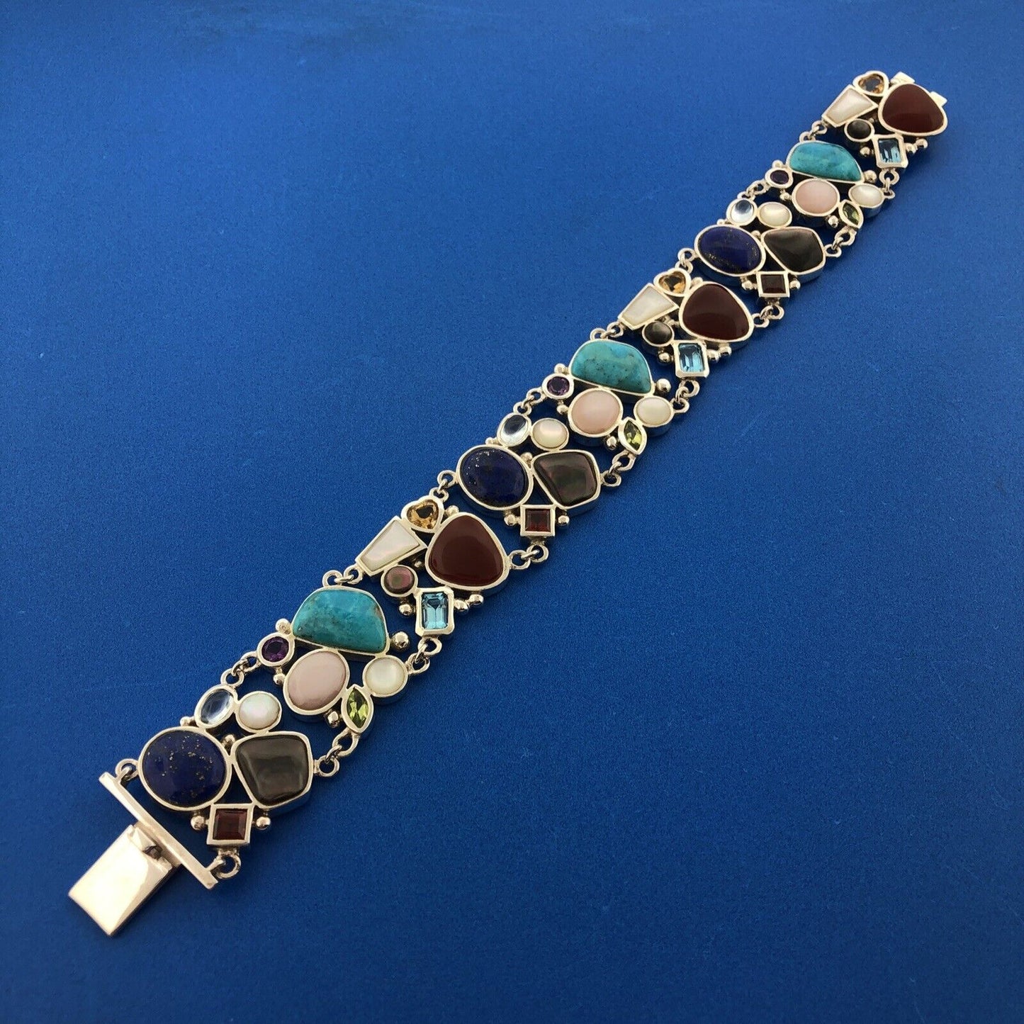 Designer 925 Sterling Silver Multi Gem Multi Shaped Glamorous Statement Bracelet