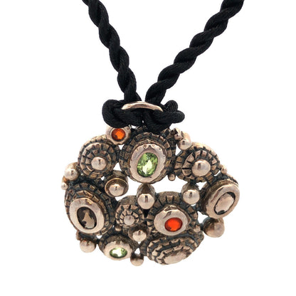 Vintage J 925 Sterling Silver Multi Gemstone Textured Pendant Silk Necklace