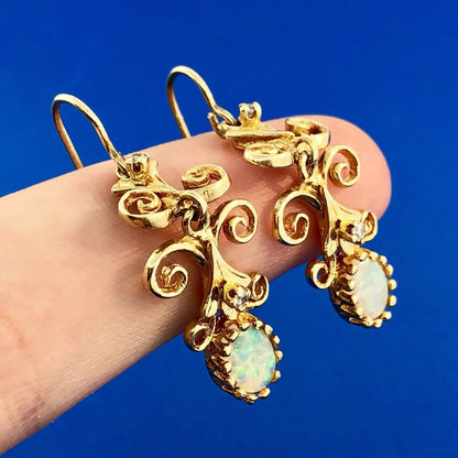 Art Deco Art Nouveau 14K Yellow Gold Opal Diamond Scroll Drop Dangle Earrings