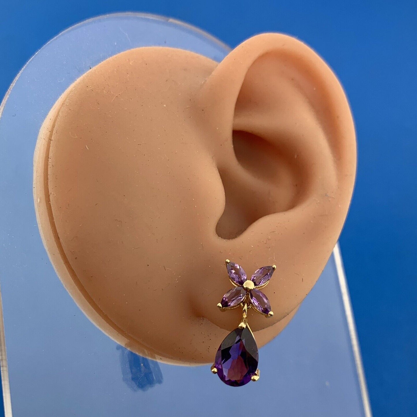 Designer Mexico 14K Yellow Gold Amethyst Dangle Drop Floral Flower Stud Earrings
