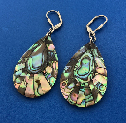Stunning Silver Toned Teardrop Shaped Mother of Pearl Dangle Leverback Earrings