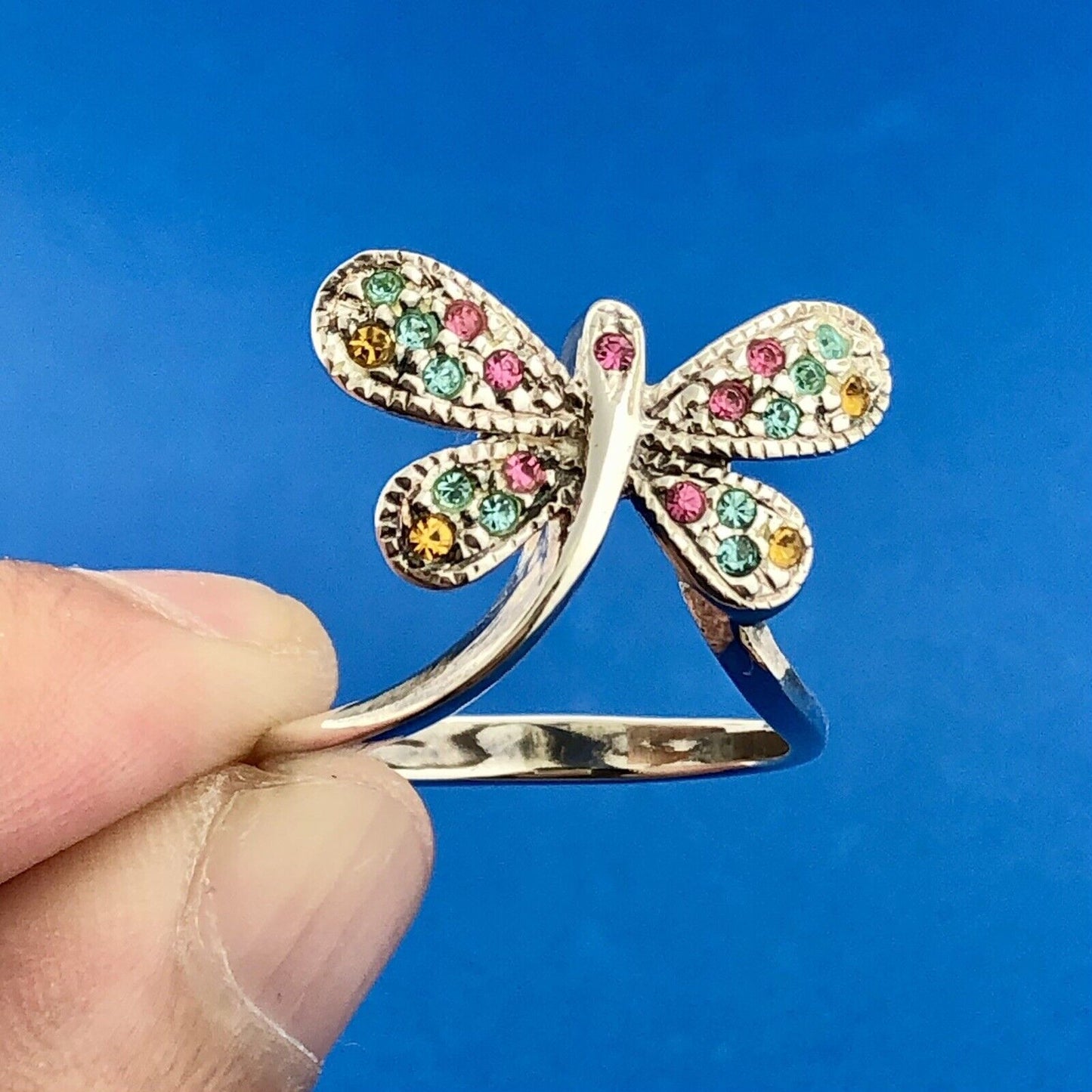 Modernistic Sterling Silver Pink Blue Yellow Cubic Zirconia CZ Butterfly Ring