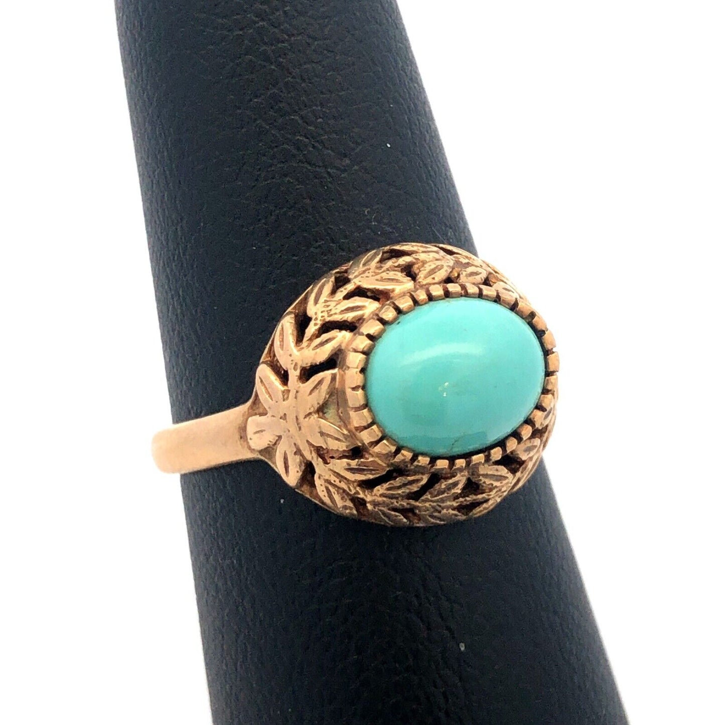 Estate 10K Yellow Gold Turquoise Cabochon Vine Leaf Open Work Beaded Dome Ring