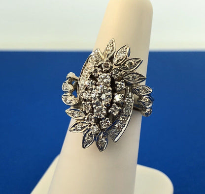 Estate 14K White Gold Diamond Feather Flower Cluster Statement Anniversary Ring
