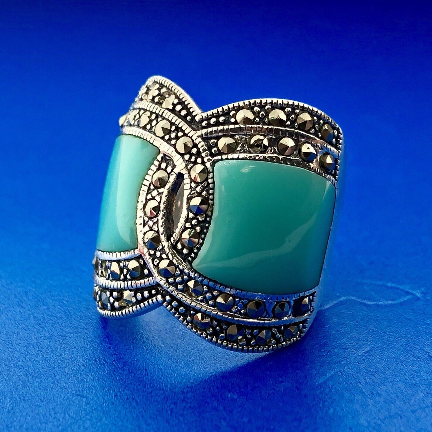 Designer Barse 925 Sterling Silver Turquoise Enamel Marcasite Statement Ring