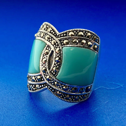 Designer Barse 925 Sterling Silver Turquoise Enamel Marcasite Statement Ring