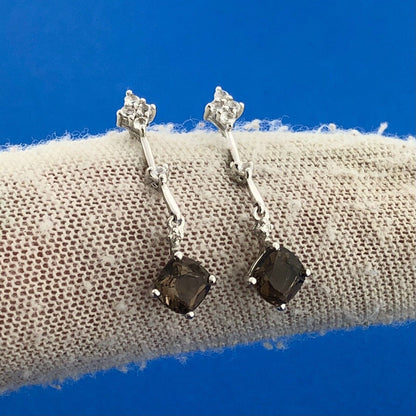 Gorgeous 14k White Gold Cushion Smoky Quartz White Accent Dangle Stud Earrings