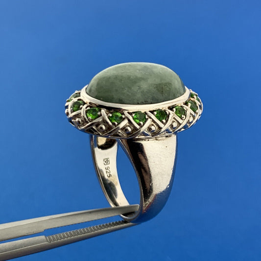 Designer Sterling Silver 925 Jade Green CZ Protection Harmony Statement Ring