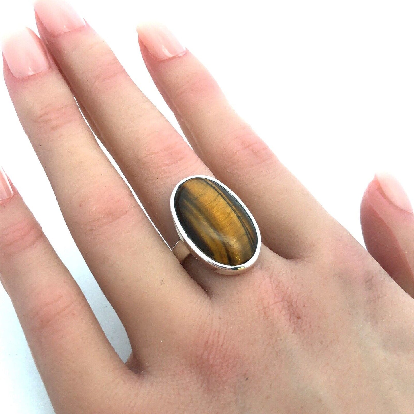Designer 925 Sterling Silver Oval Tiger's Eye Cabochon Statement Ring