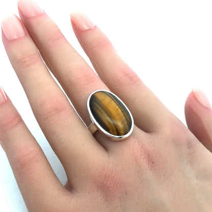 Designer 925 Sterling Silver Oval Tiger's Eye Cabochon Statement Ring