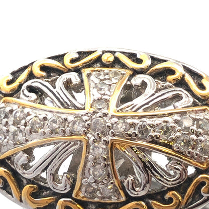 Designer 925 Sterling Silver Gold Tone Accents CZ Open Work Cross Statement Ring