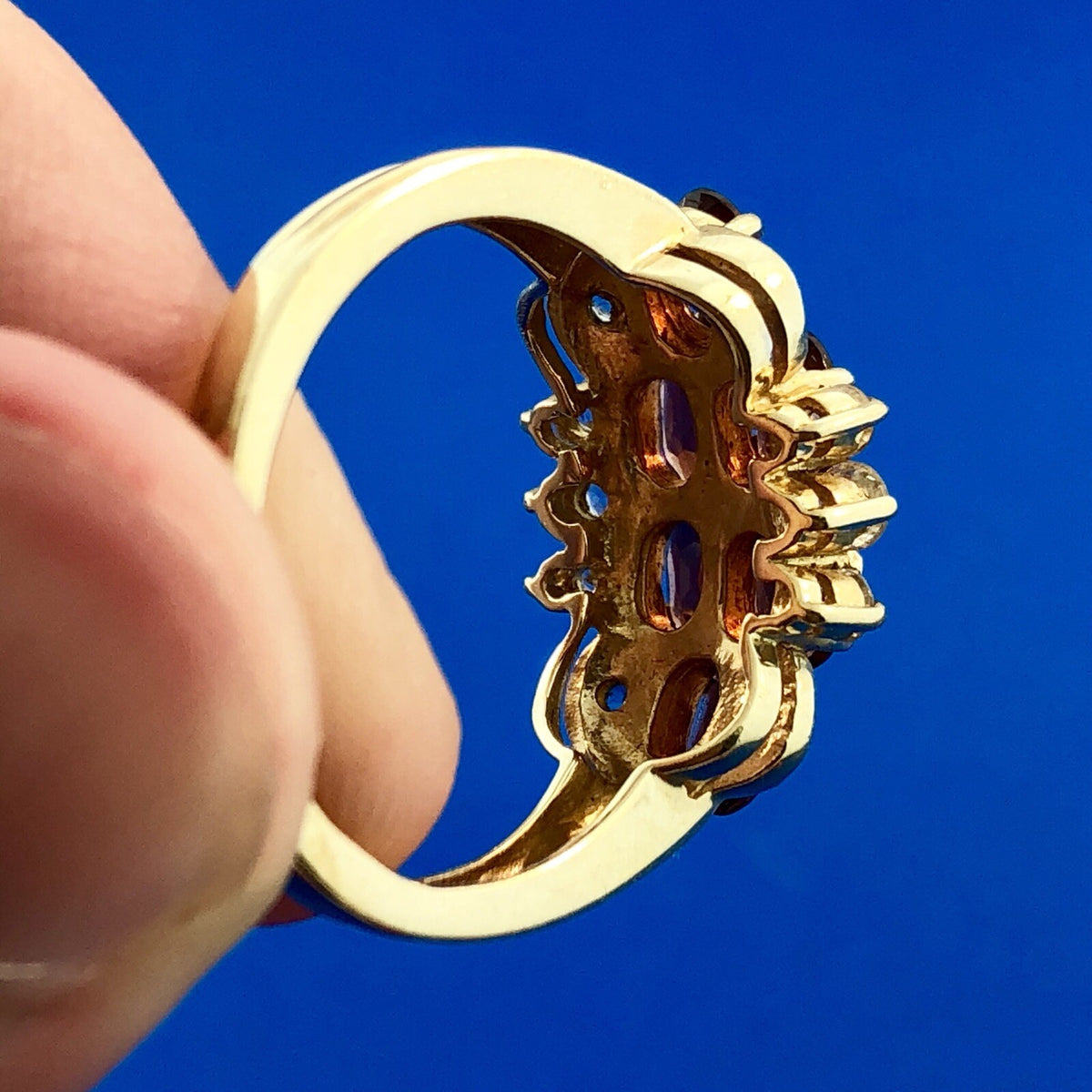 Designer 14K Yellow Gold Oval Garnet Diamond Cluster Cocktail Ring