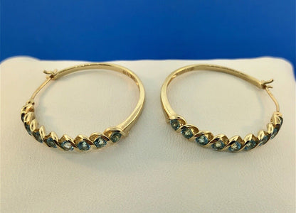 Retro 10K Yellow Gold Blue Topaz December Anniversary 2.ctw Hoop Earrings