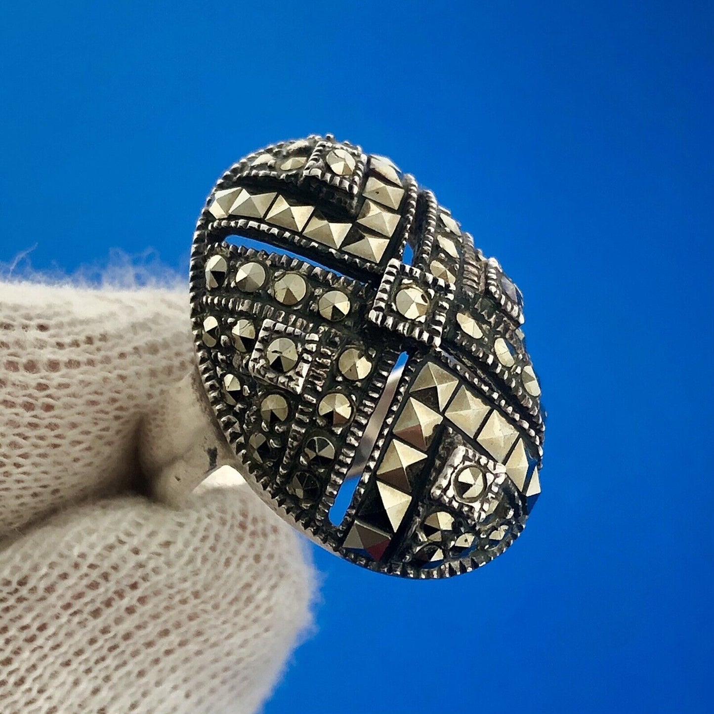 Stunning Sterling Silver 925 Marcasite Layered Cluster Oval Ring Size 7